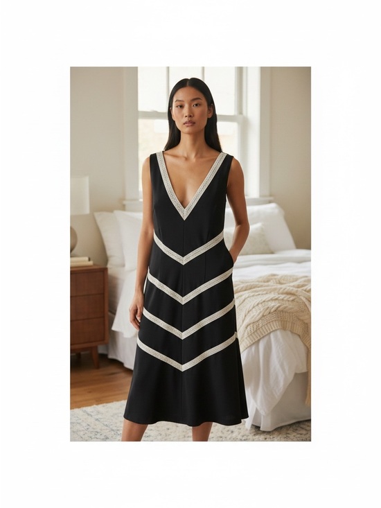 Ann Taylor Dresses & Skirts - Ann Taylor Black Midi Dress with Cream Chevron Trim